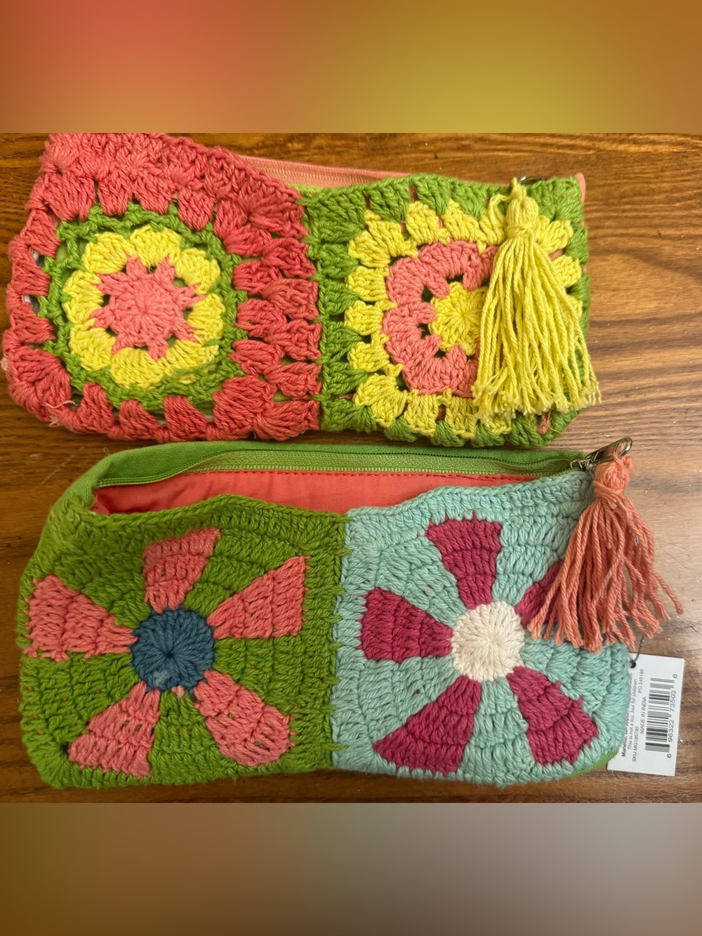 Two Hand-Crocheted Floral Zip Pouches - Multicolor